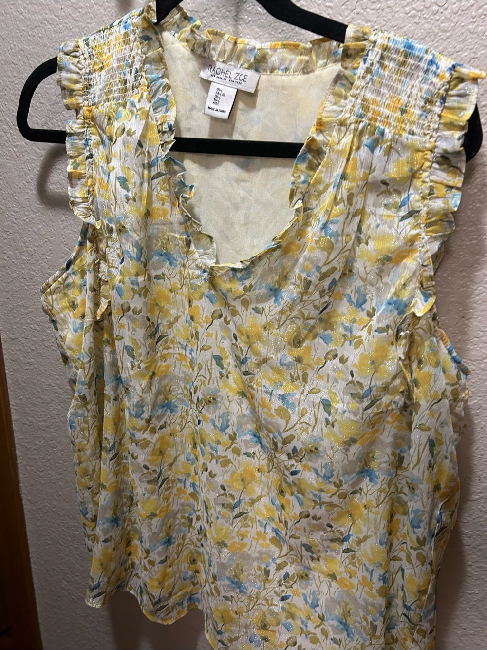 Rachel Zoe Yellow Blue Floral Ruffle V-Neck Sleeveless Blouse